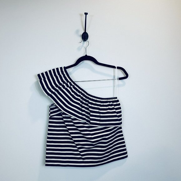 🛑 J. CREW XS One Shoulder Striped Ruffle Top Nautical Blue White G7064 - Picture 2 of 9